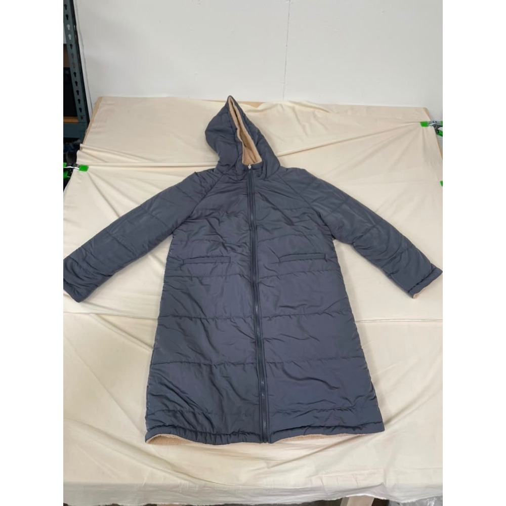 PrettyGarden Womens Grey Blue Sherpa Lined Hooded Puffer Long Coat Jacket Size M